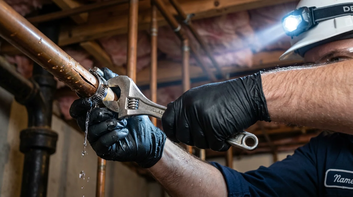 Emergency pipe clamp repair being performed by a Johns Plumbing LLC plumber in Malabar